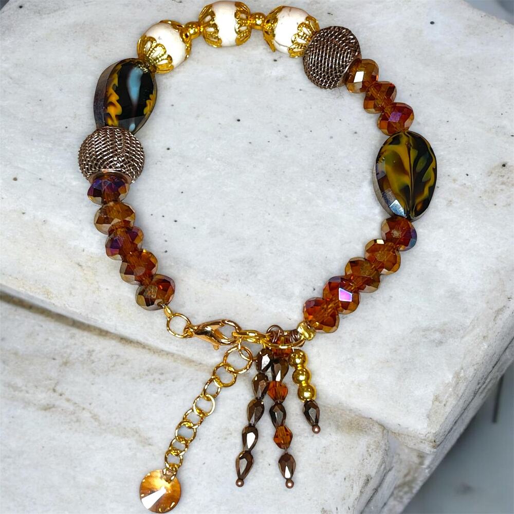 Brown Gold Swarovski Beaded Charm Bracelet